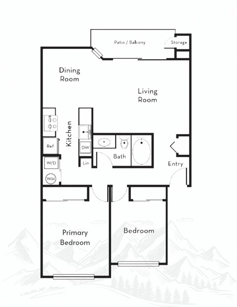 Floor plan for 2 beds, 1 bath, 846 sqft